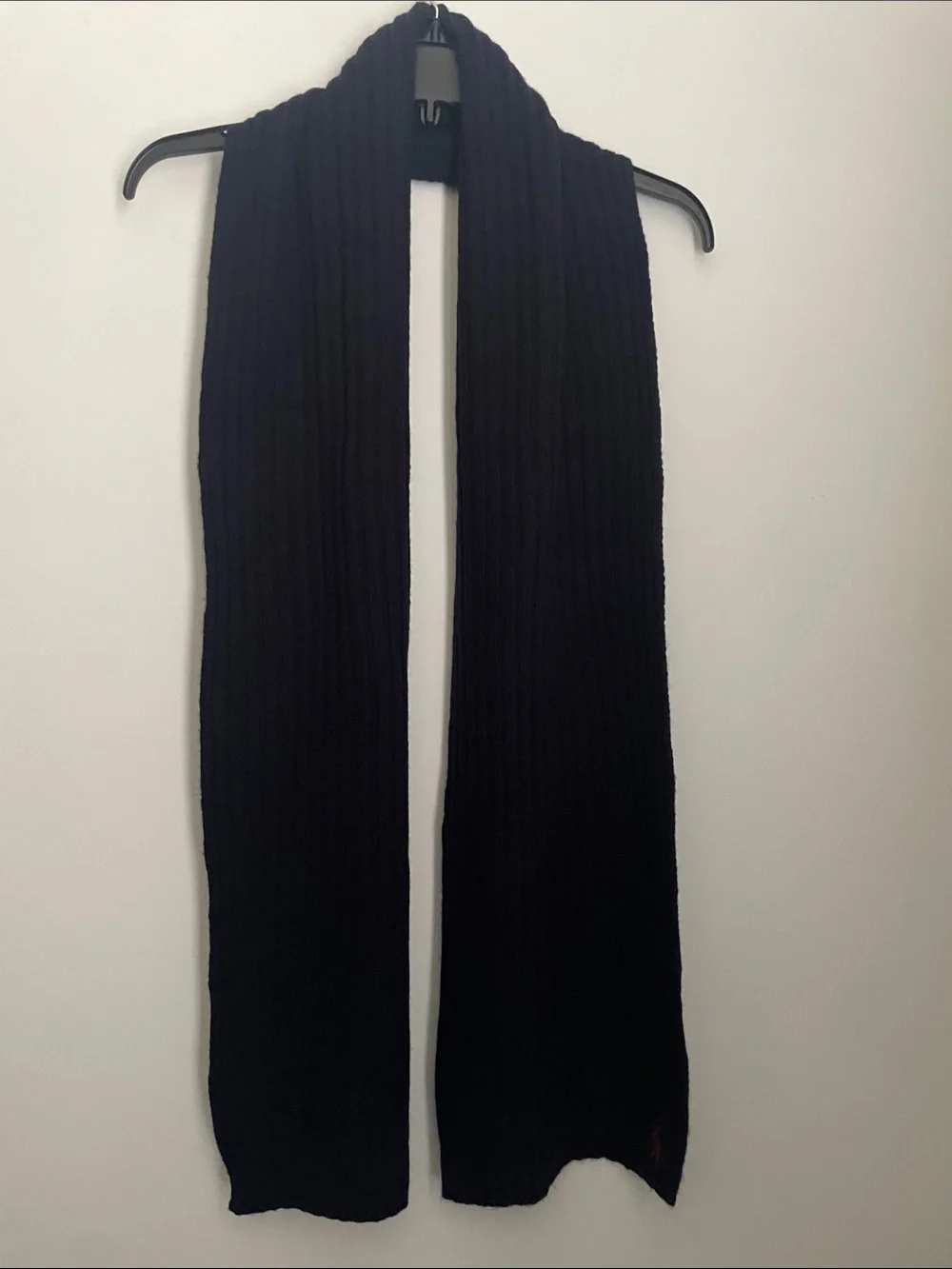 Ralph Lauren Navy Ribbed Knit Scarf with Red Polo Embroidery